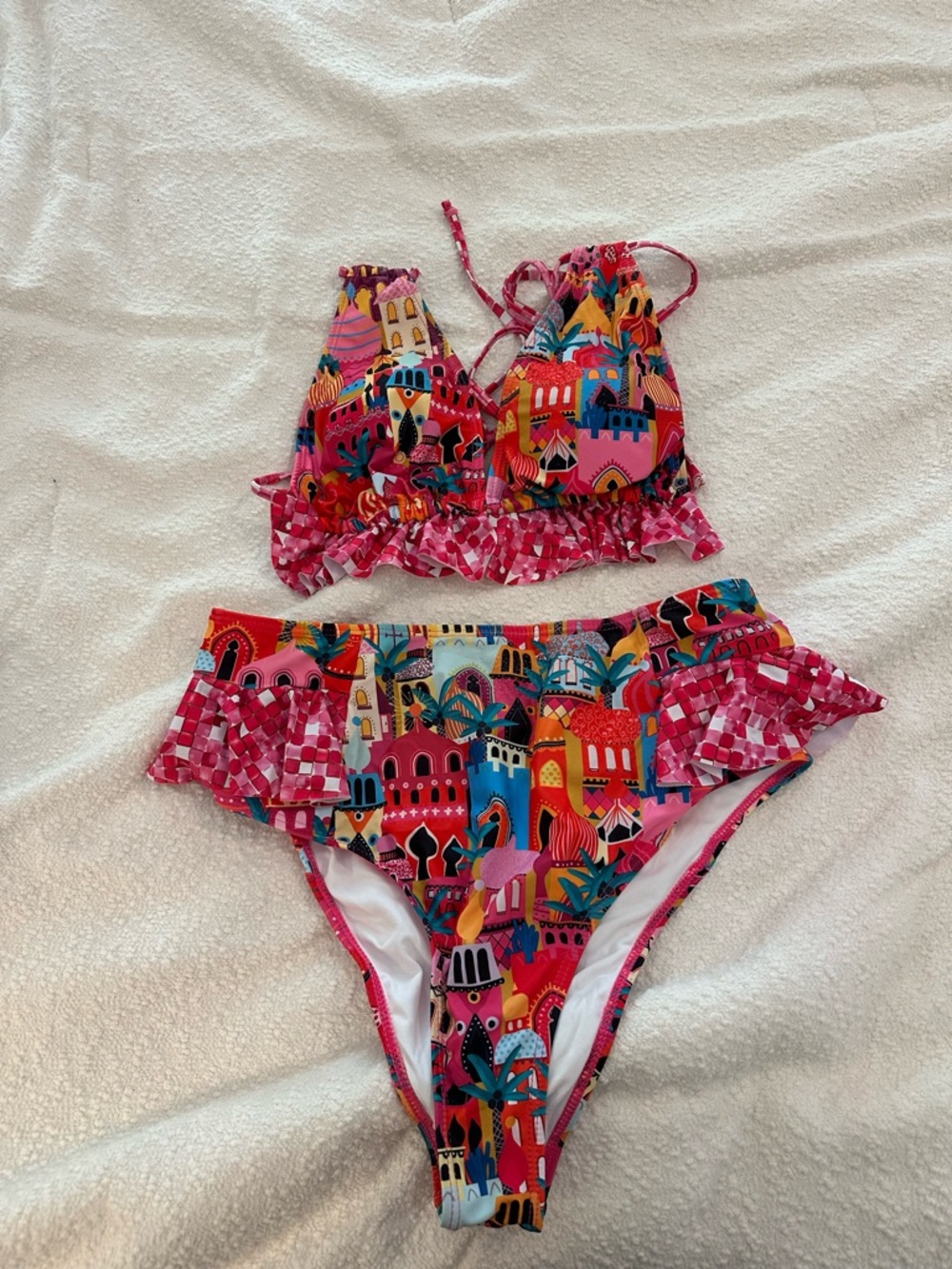 Bright Pink Patterned Ruffle Two-Piece Bikini